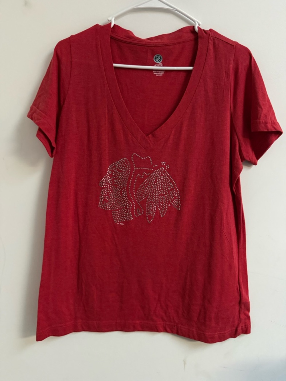 NHL Women's Red V-Neck Short Sleeve Tee with Rhinestone Logo